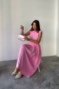 KETEN KOLSUZ BLUZ - MAXİ ETEK TAKIM - Pembe resmi